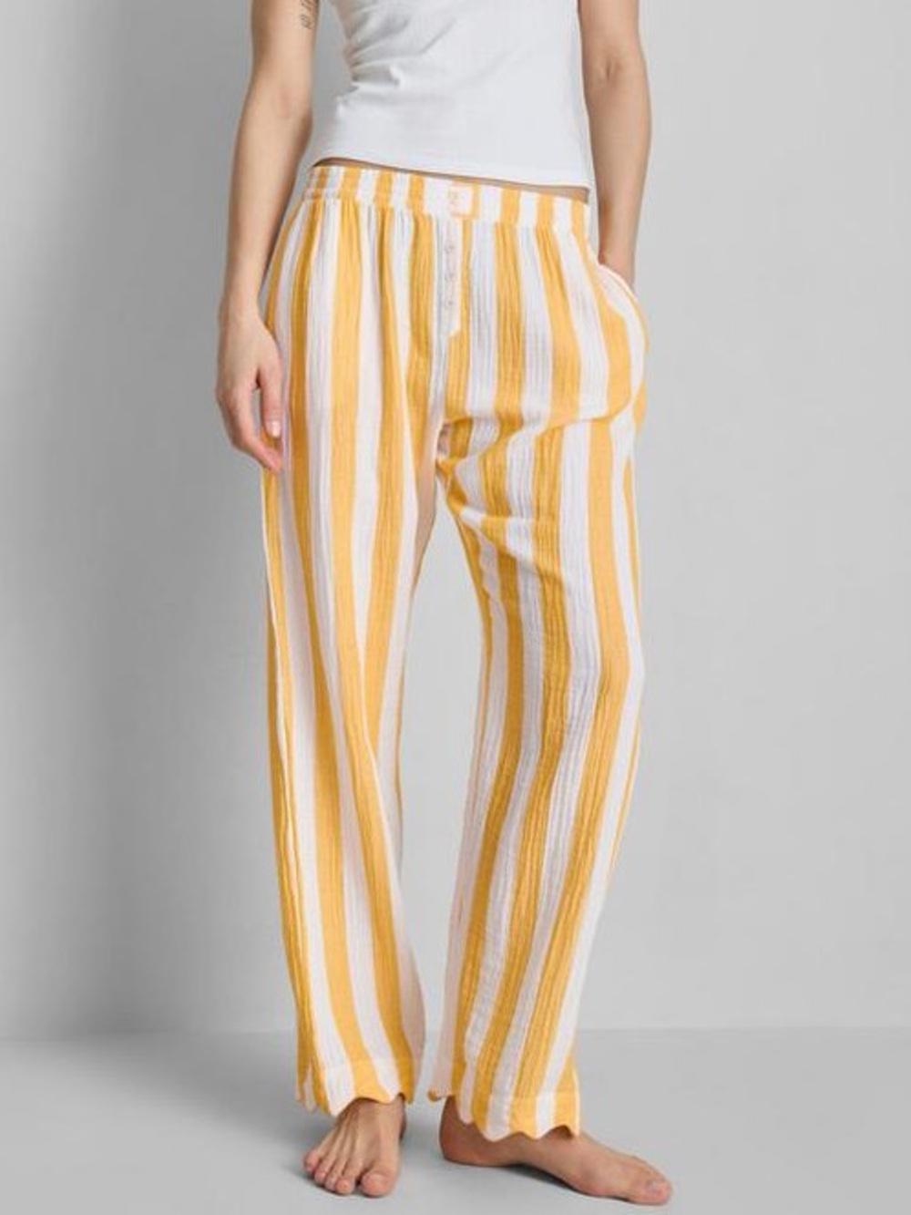 Yellow and white striped Cotton gauze pants XXS yellow stripe scallop PJ pants